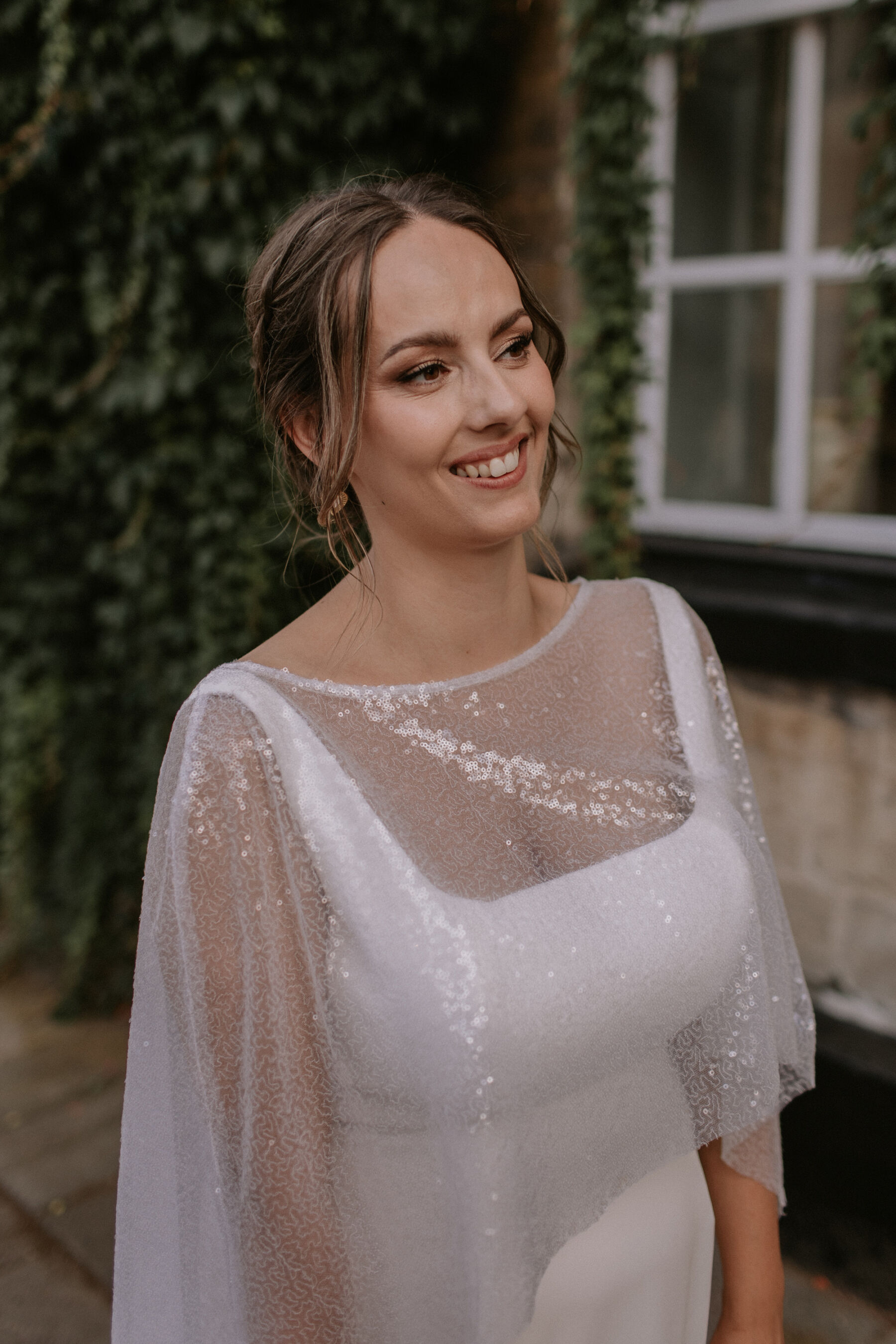 Charlie Brear wedding dress and sequin cape
