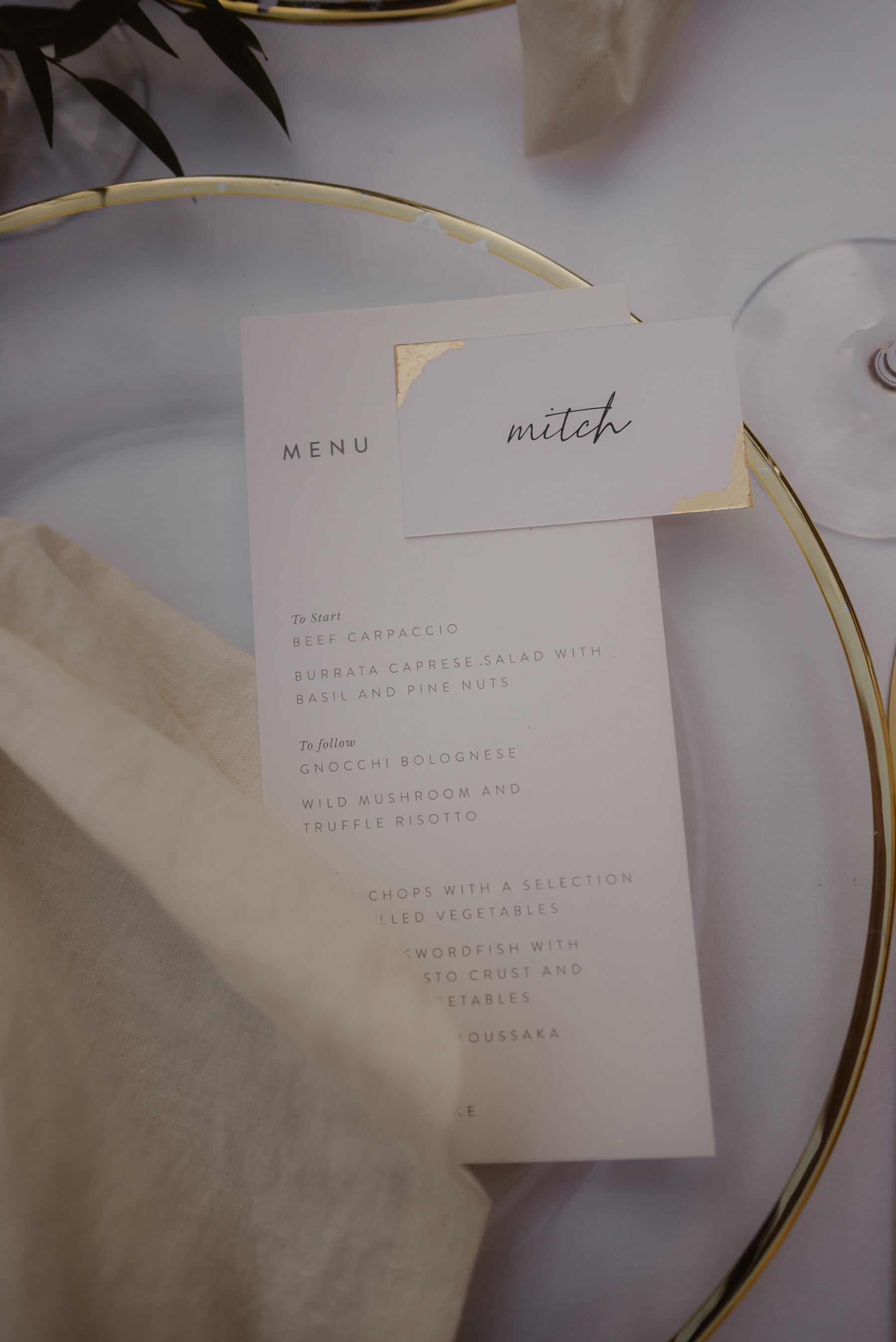 Sarah in Eva Lendel for her Classy & Contemporary Wedding in Croatia 41 Gold rimmed plates