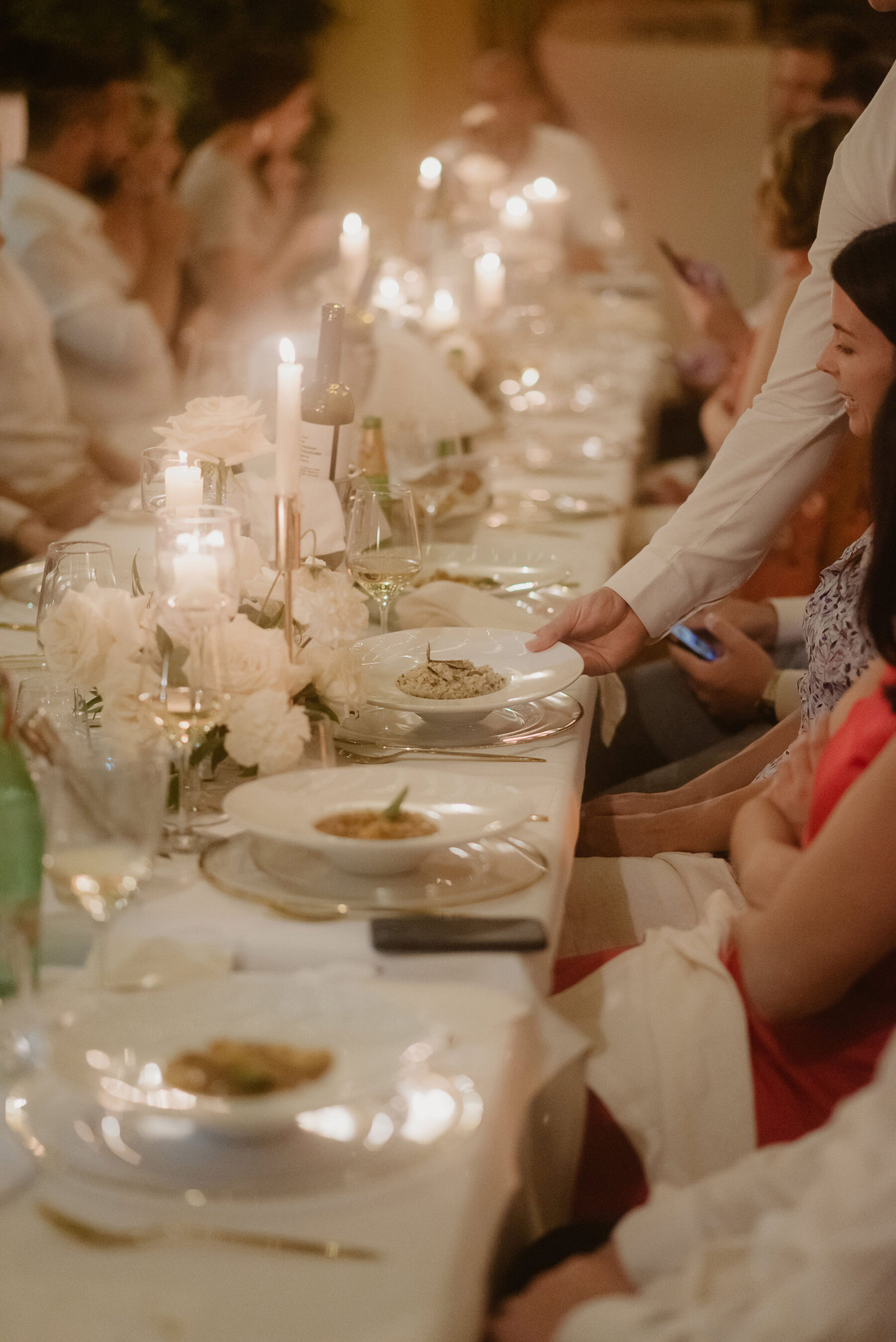Sarah in Eva Lendel for her Classy & Contemporary Wedding in Croatia 43 Elegant all white wedding table linen and table flowers.