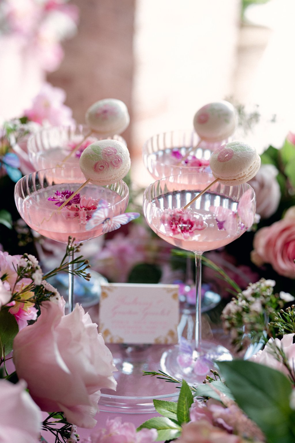 cute pink cocktails for Parisian bridal shower themes with unique floral and macaron decor ideas