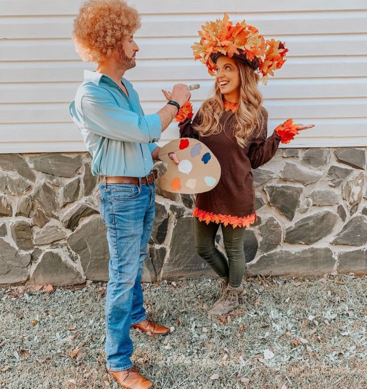 unique DIY Bob Ross and landscape painting best funny couples halloween costumes and ideas with a woman dressed up as a maple tree