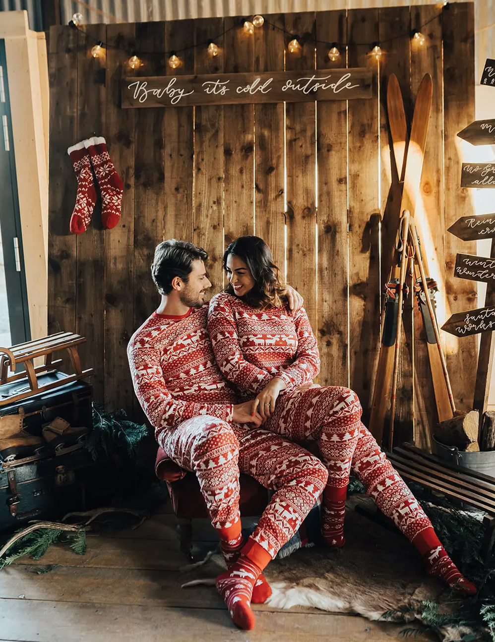 red reindeer cute matching Christmas pajamas for couples
