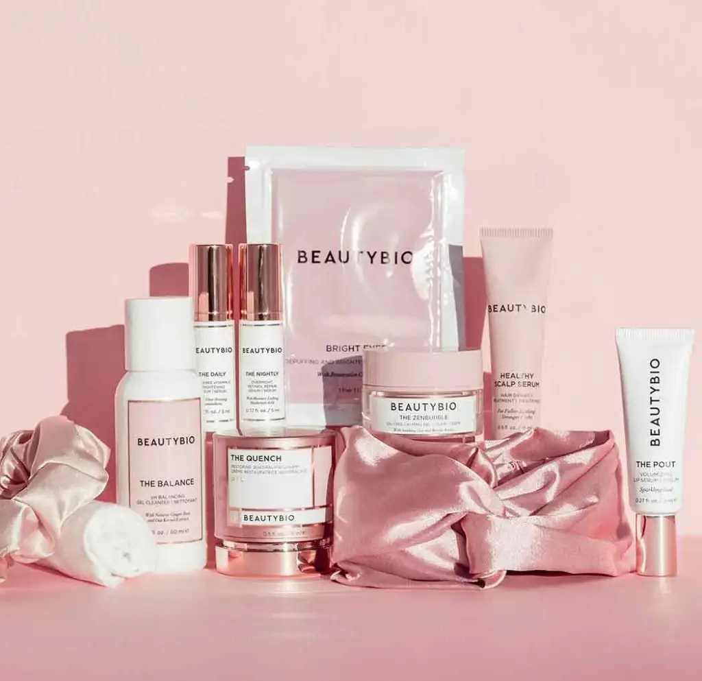 collection of skincare products from Beautybio in pink and white packaging as part of the best beauty makeup advent calendar for adults