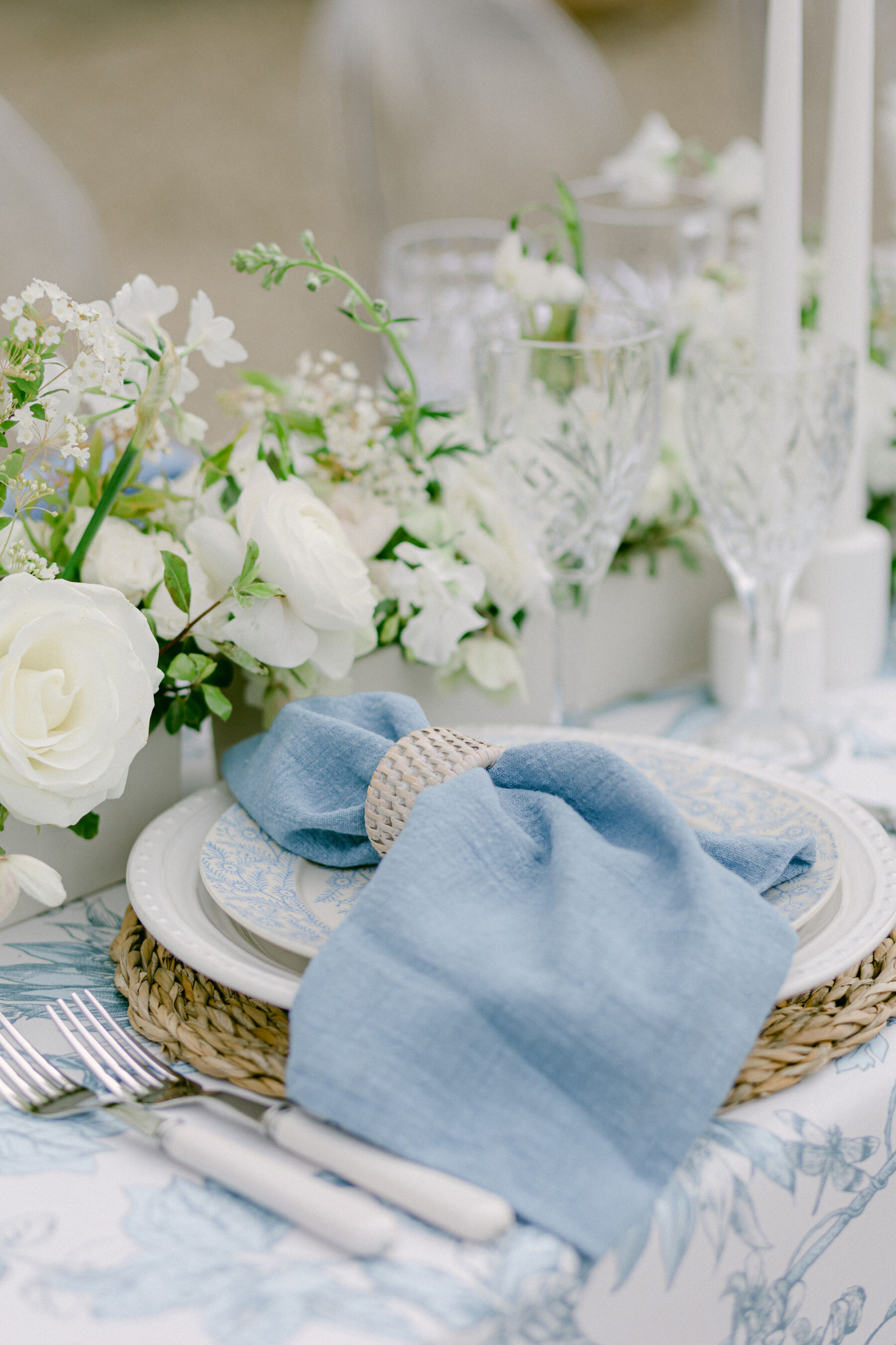Pale Baby Blue Spring Wedding Inspiration at Avington Park, Featuring Halfpenny London 5 Pale blue linen napkins and a classy pale blue wedding table setting.