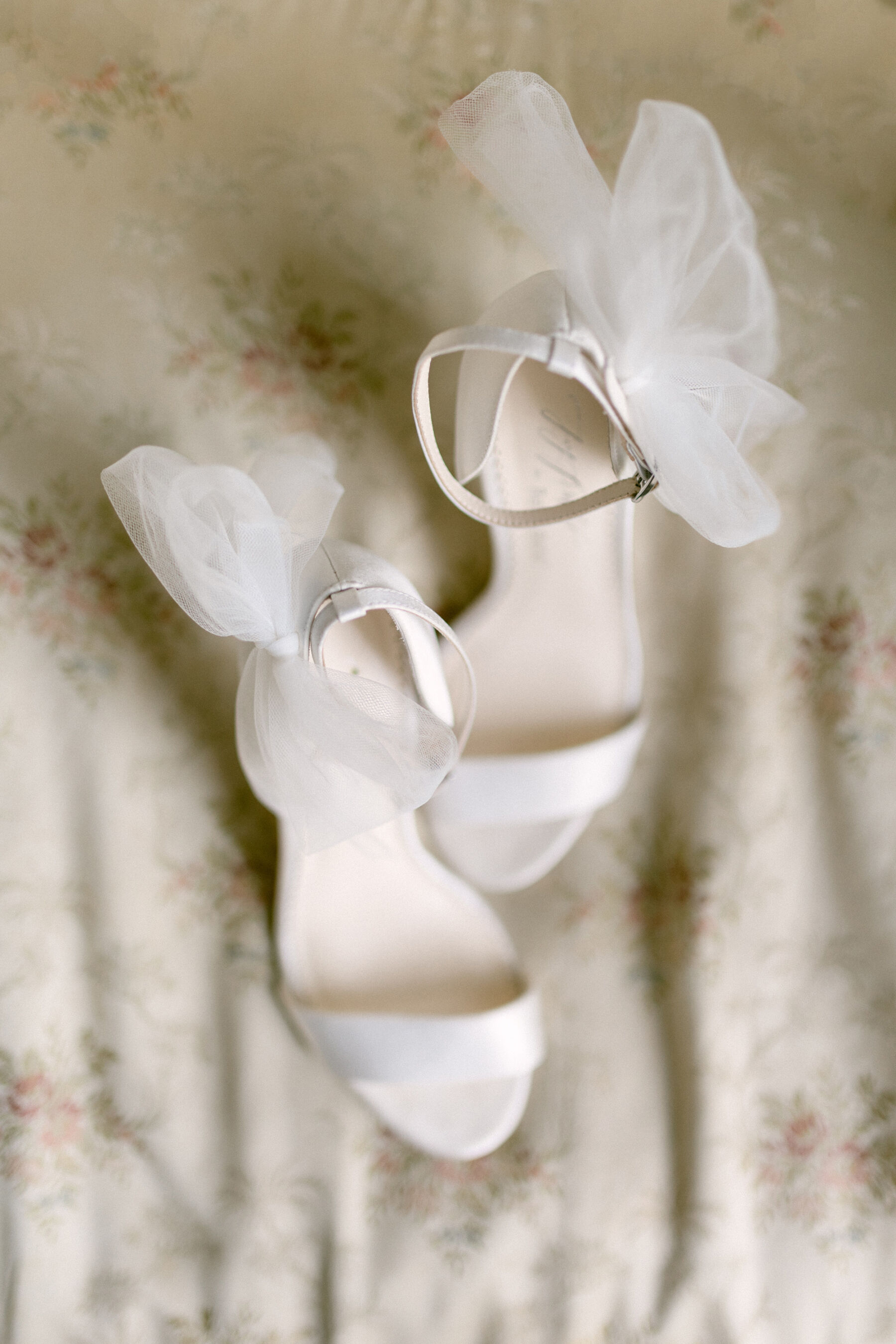 Pale Baby Blue Spring Wedding Inspiration at Avington Park, Featuring Halfpenny London 8 Bella Belle wedding shoes. Open toe high heel strappy sandals with tulle ankle bow.
