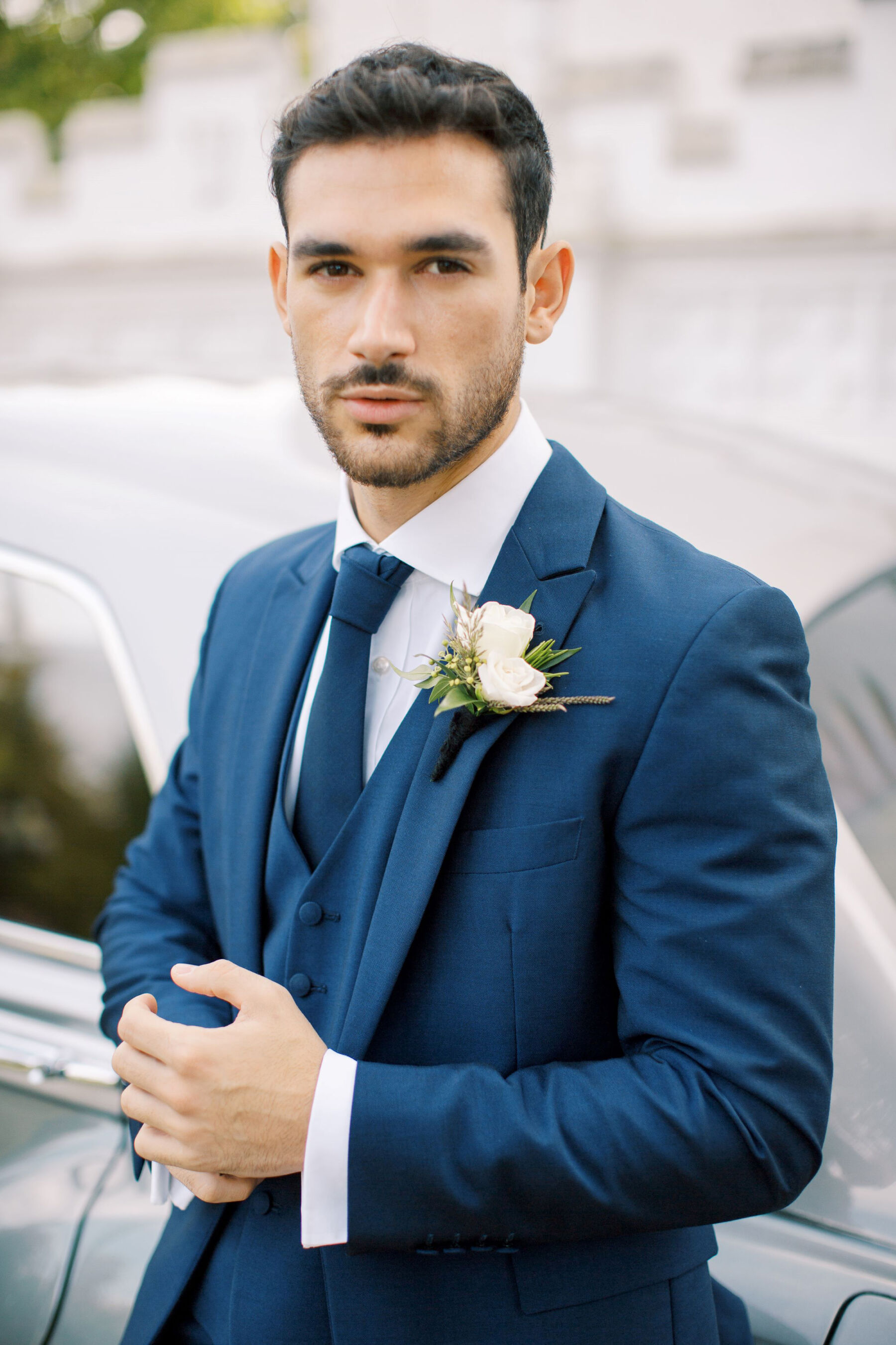 Gothic Architecture Inspired Wedding Styling, at Strawberry Hill House 25 Stylish groom in a blue 3-piece suit by Stephen Bishop. Helen Warner Photography.