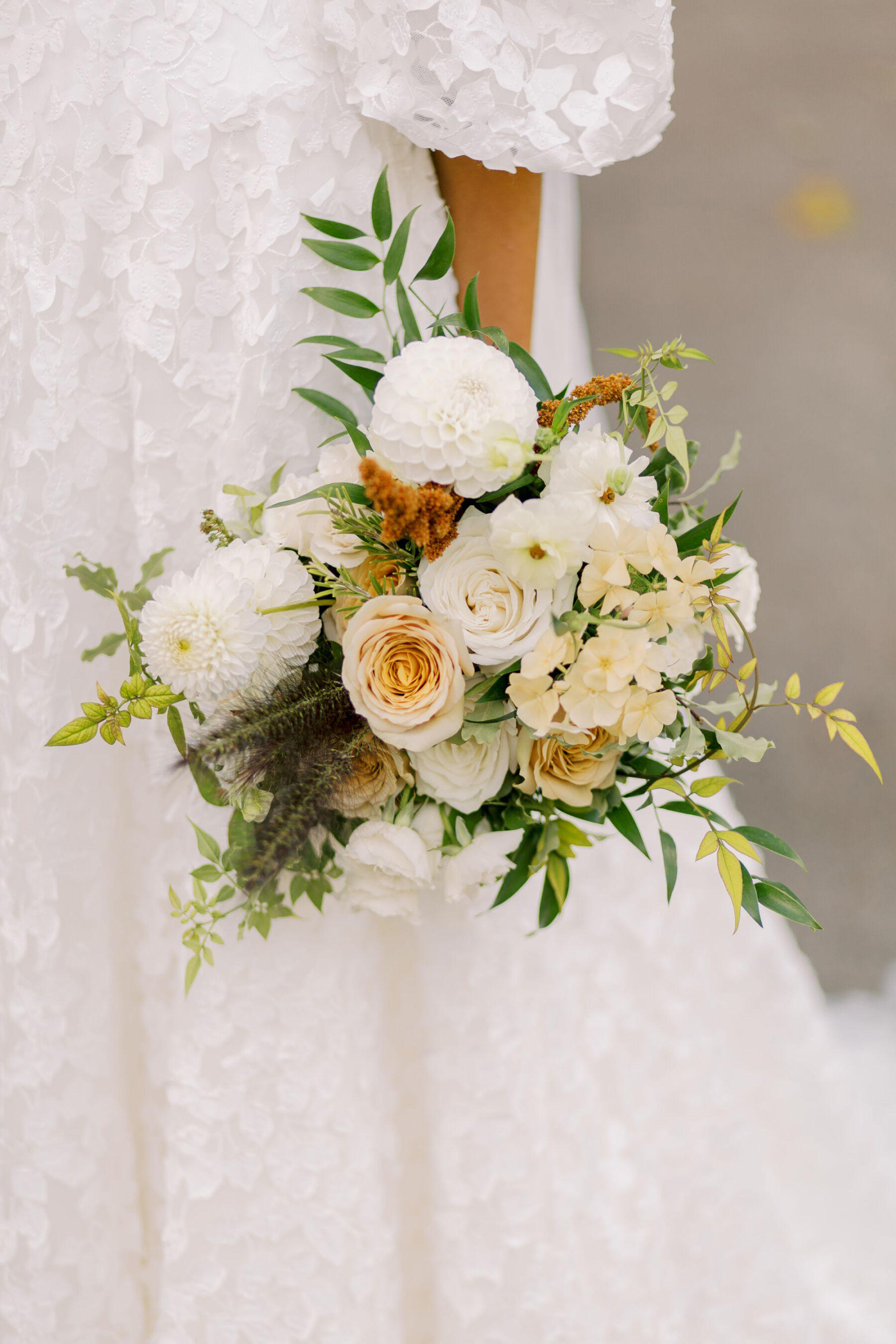 Gothic Architecture Inspired Wedding Styling, at Strawberry Hill House 23 Elegant hand tied wedding bouquet in white, neutral and toffee tones. Featuring roses and dahlia. Helen Warner Photography.