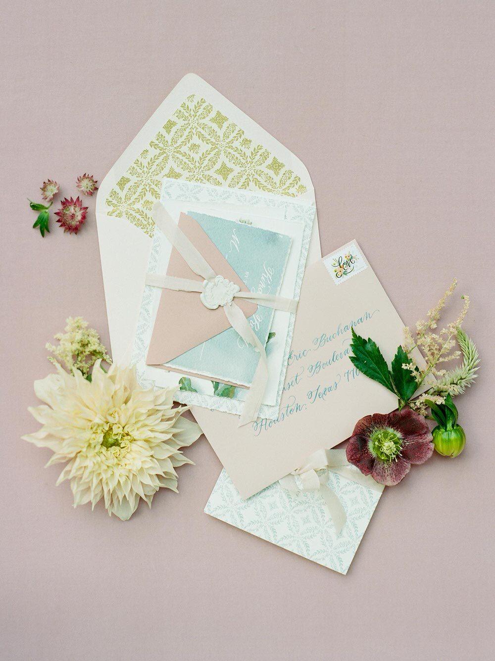 garden wedding invitation suite with art cards and calligraphy