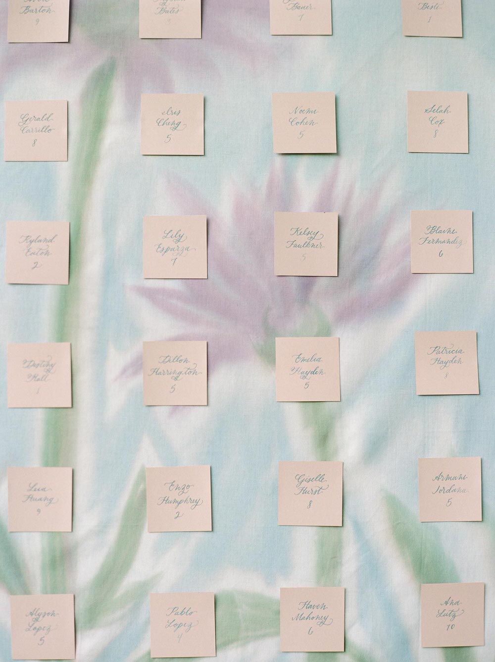 custom handprinted floral escort card wall
