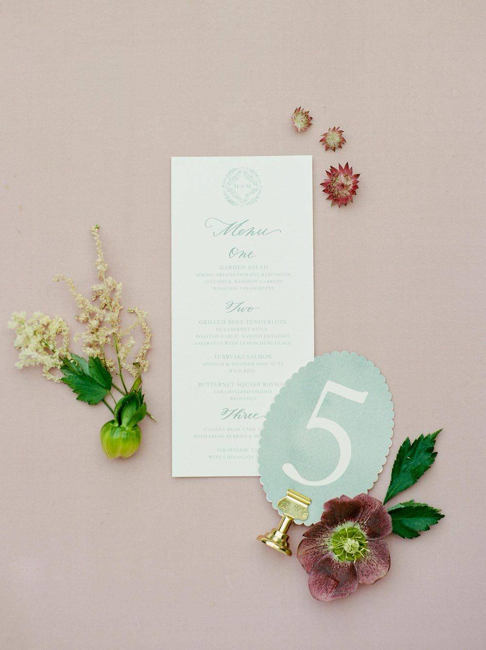 fine art garden wedding menu and table number