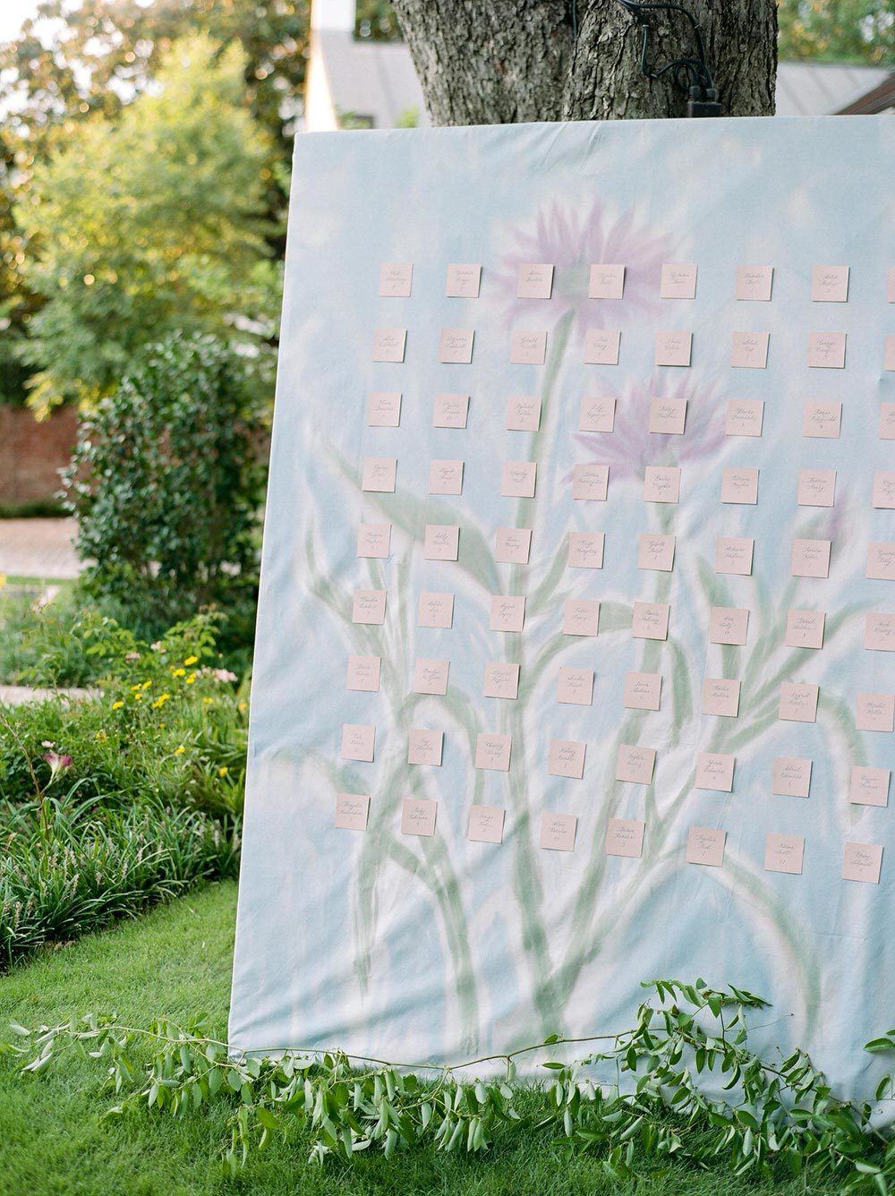 custom handprinted floral escort card wall