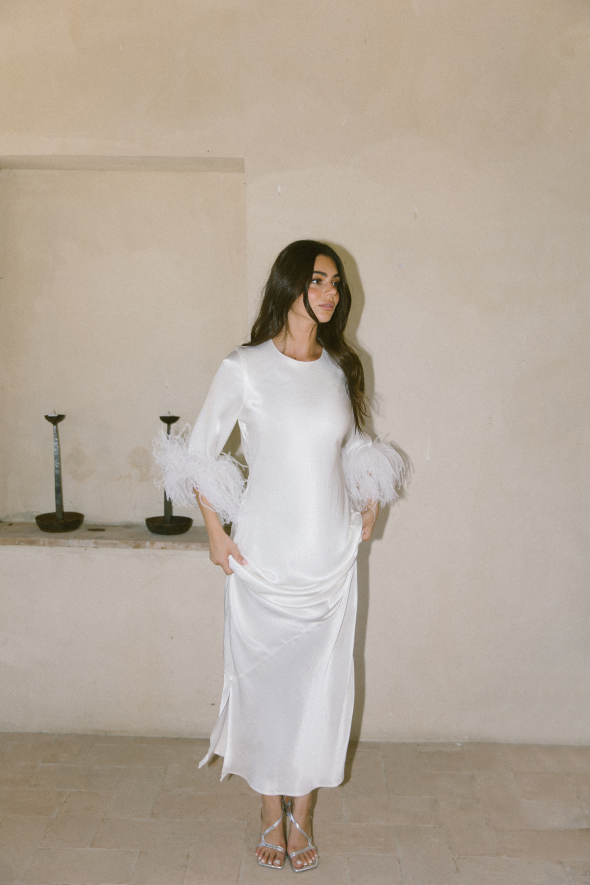 Dolly Bridal Full Length Bridal Sustainable Wedding Dress with Feather Sleeve Trim 1