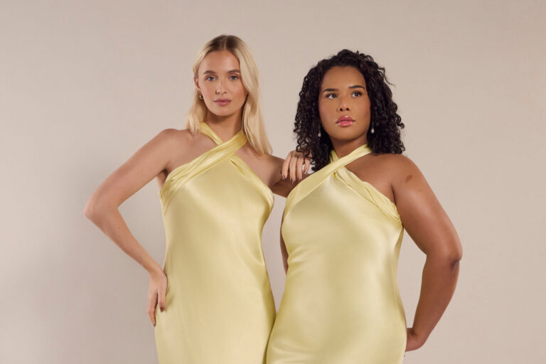 Rewritten Bridesmaids dresses in pastel yellow.