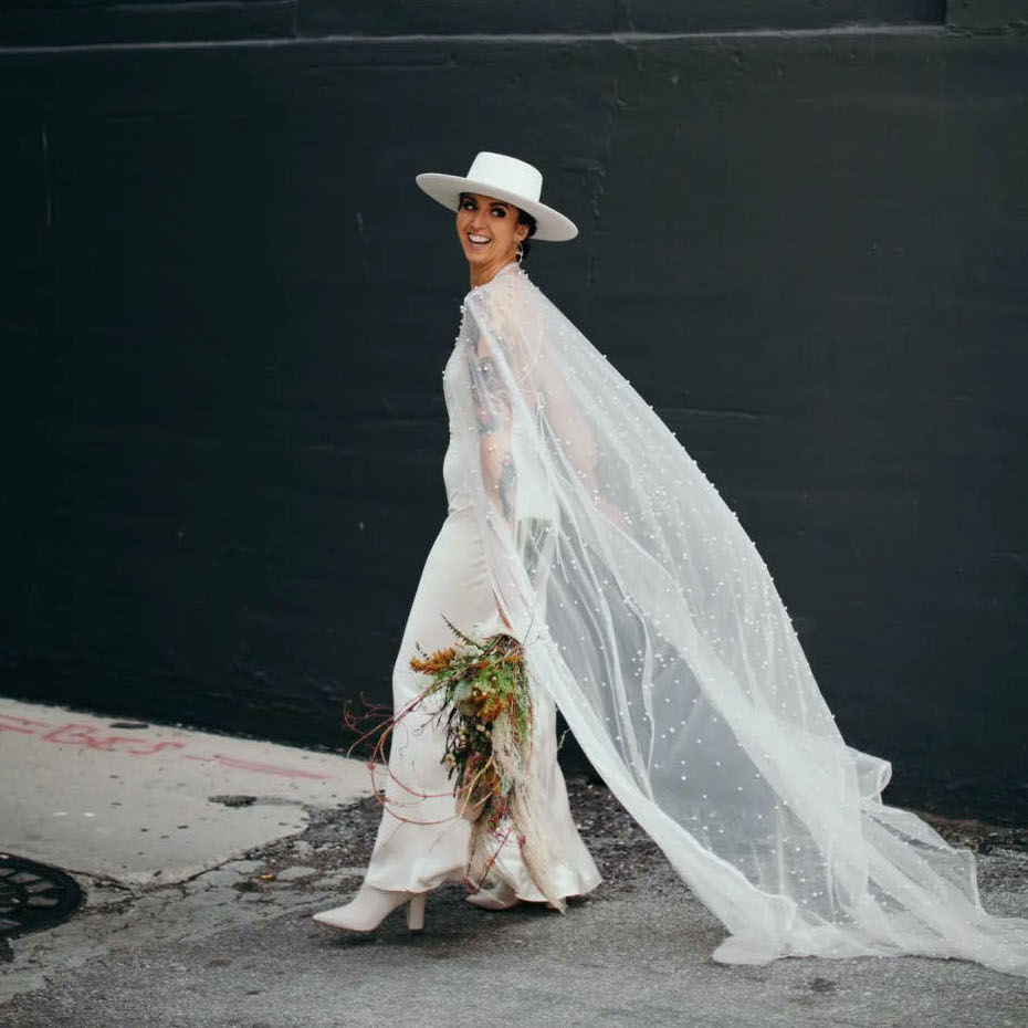 simple long sheer white tulle pearl beaded wedding bridal cape