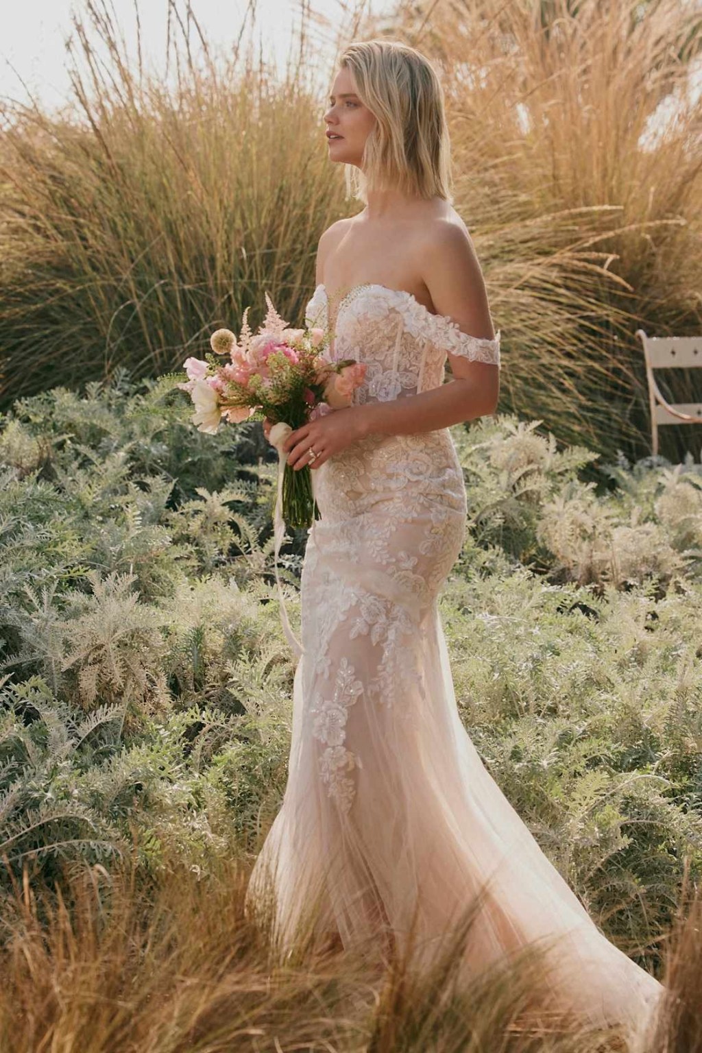 Lulus beaded off-the-shoulder wedding dress for under $500