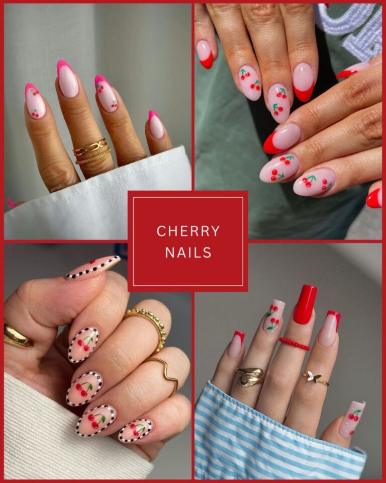 a collage of cute cherry nails and ideas with red and pink french tip designs and trendy checkerboard nail art