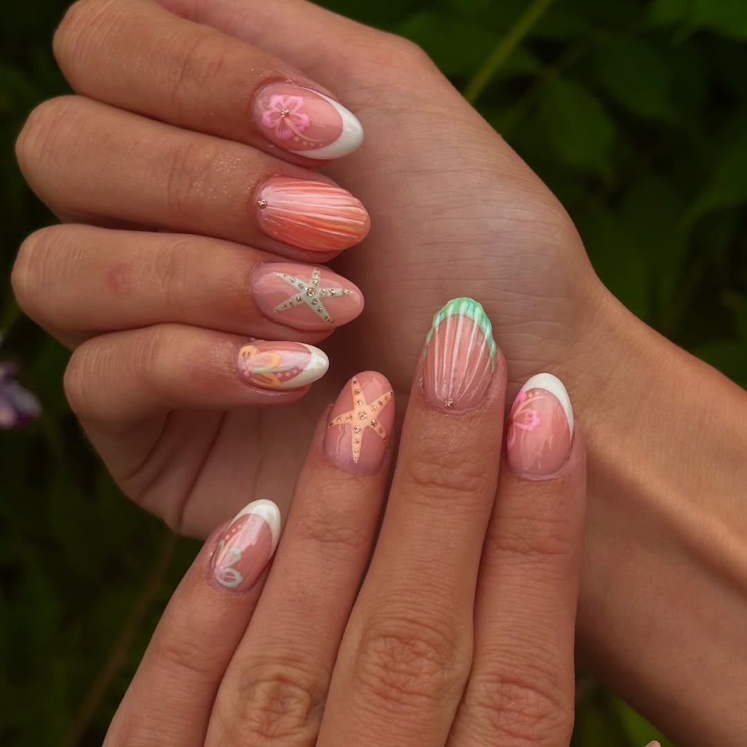 short mermaid nails inspo with beach inspired designs including 3D seashells and simple french tips in bright tropical colors