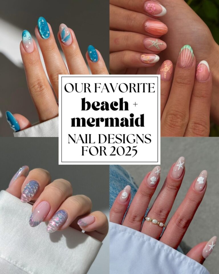 collage of blue ocean inspired nails with shimmery designs and simple pearl nail art with a text overlay that says: "Our favorite beach + mermaid nail designs for 2025"