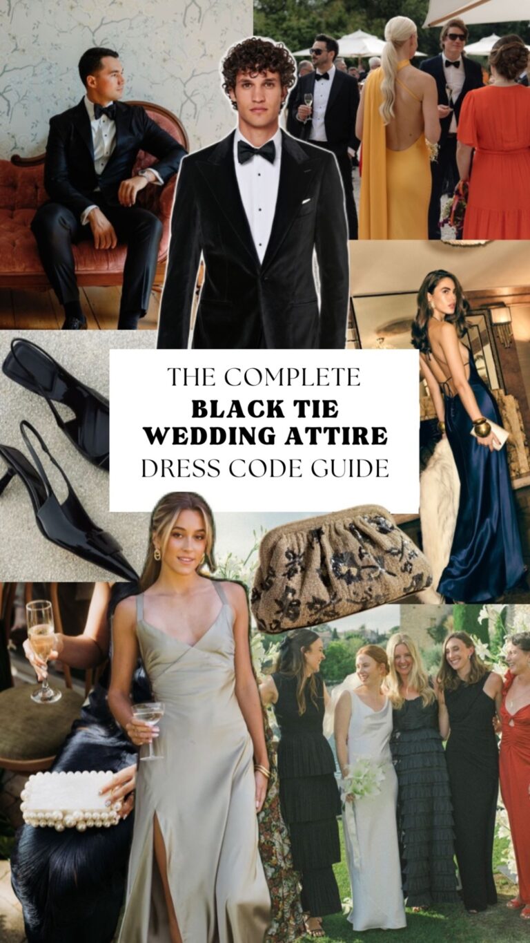 collage of female and male wedding guests wearing formal evening gowns and tuxedos with a text overlay that says: 'The Complete Black Tie Wedding Attire Dress Code Guide'