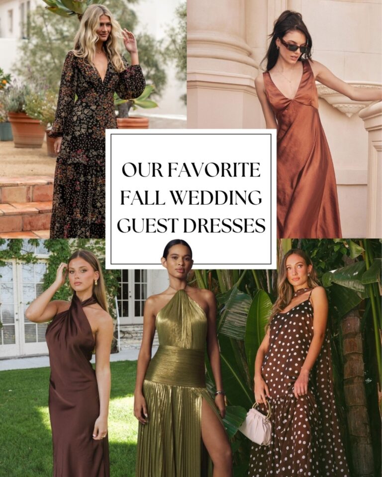a collage of what to wear to a fall wedding including brown formal gowns and casual floral maxis with a text overlay that says: "Our Favorite Fall Wedding Guest Dresses"